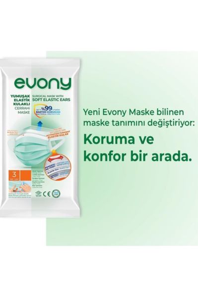 Evony Maske 3 Katlı Lastikli Cerrahi Yüz Maskesi Mentollü 30 Lu