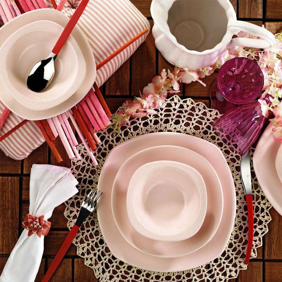 Kütahya Porselen Natura Cream Prizma 24 Parça Pembe Yemek Takımı