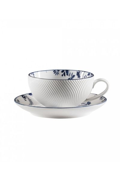 Jumbo Deep Blue Çiçekli 2 Kişilik Çay Fincanı ve Tabağı