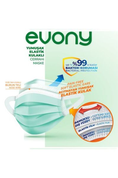 Evony Maske 3 Katlı Lastikli Cerrahi Yüz Maskesi Mentollü 150 Li