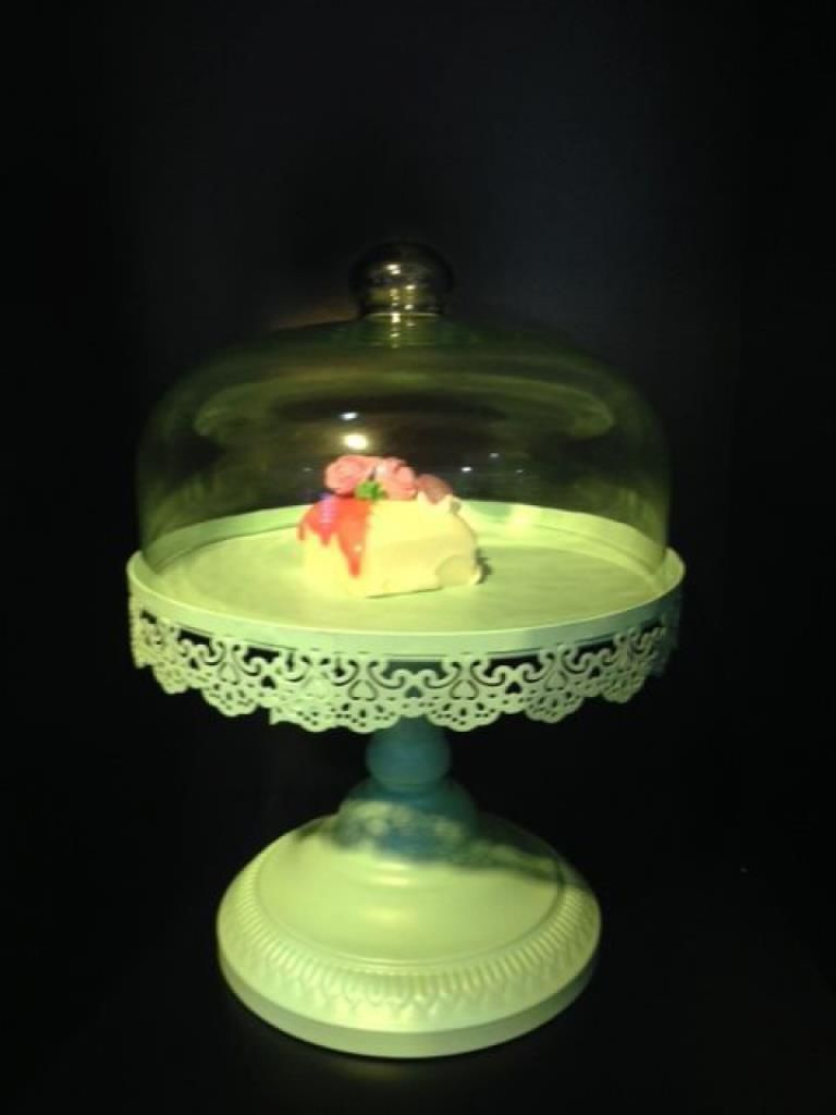 Ferforje Ayaklı Mint Yeşili Pasta Fanusu Cam Kapaklı