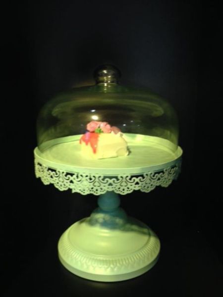 Ferforje Ayaklı Mint Yeşili Pasta Fanusu Cam Kapaklı