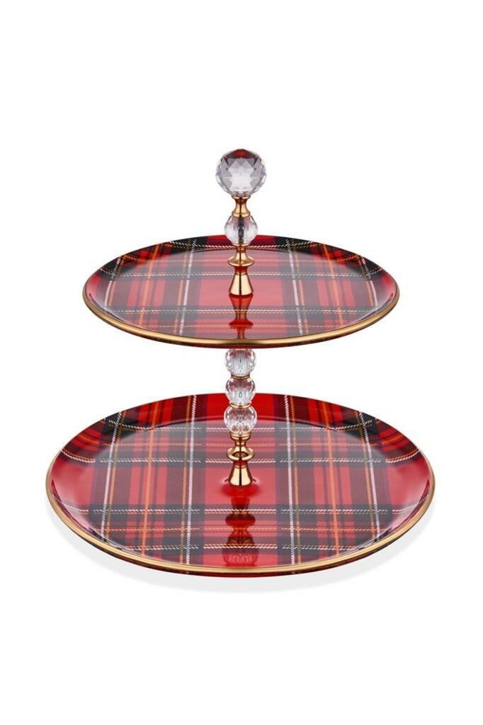 Glore Katlı Pasta Tabağı Seti Ekose Kırmızı