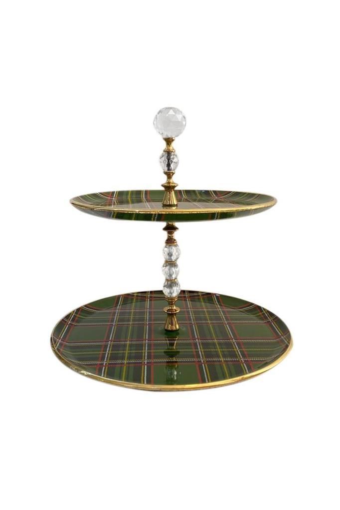 Glore Katlı Pasta Tabağı Seti Ekose Yeşil