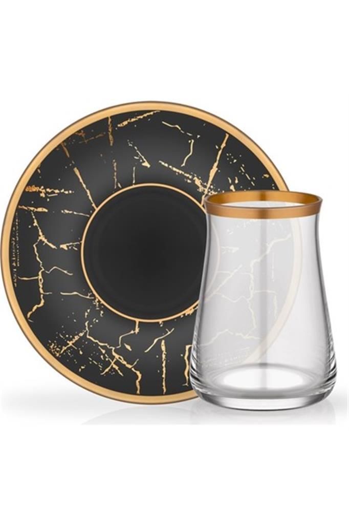 Glore Tarabya Çay Bardağı Seti 6 lı Siyah Mermer Mat Altın